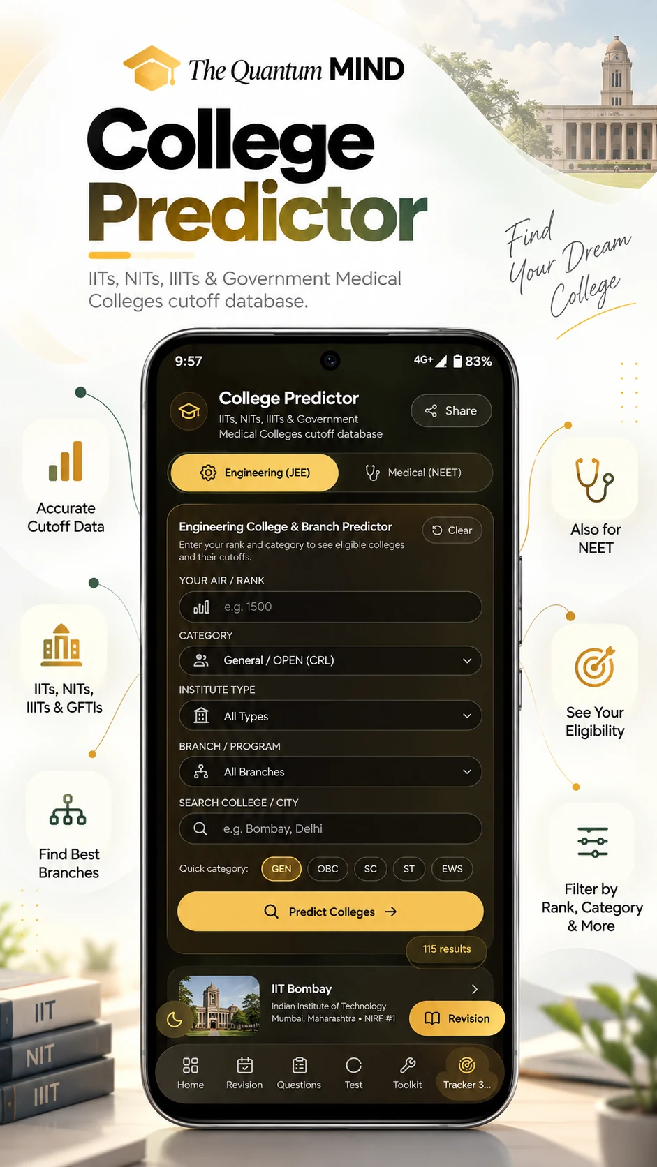 College Predictor — IITs, NITs, IIITs and medical college cutoffs